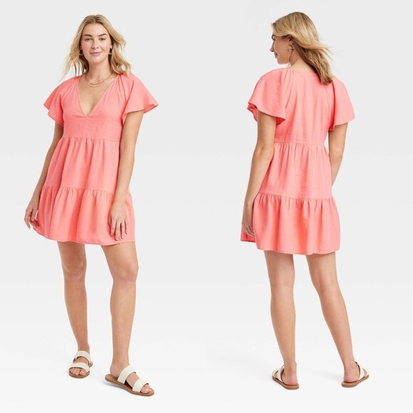 XS - Womens Flutter Short Sleeve Mini Skater Dress - UniThread - Coral Pink - Picture 1 of 6